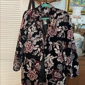 Susan Graver Elegant Black and Pink Floral Blazer